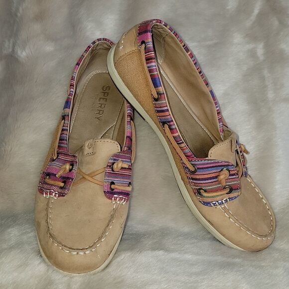 SPERRY TOP-SIDER TAN WITH PINK STRIPES LEATHER BOAT SHOES, SIZE 7.5 - Picture 1 of 10